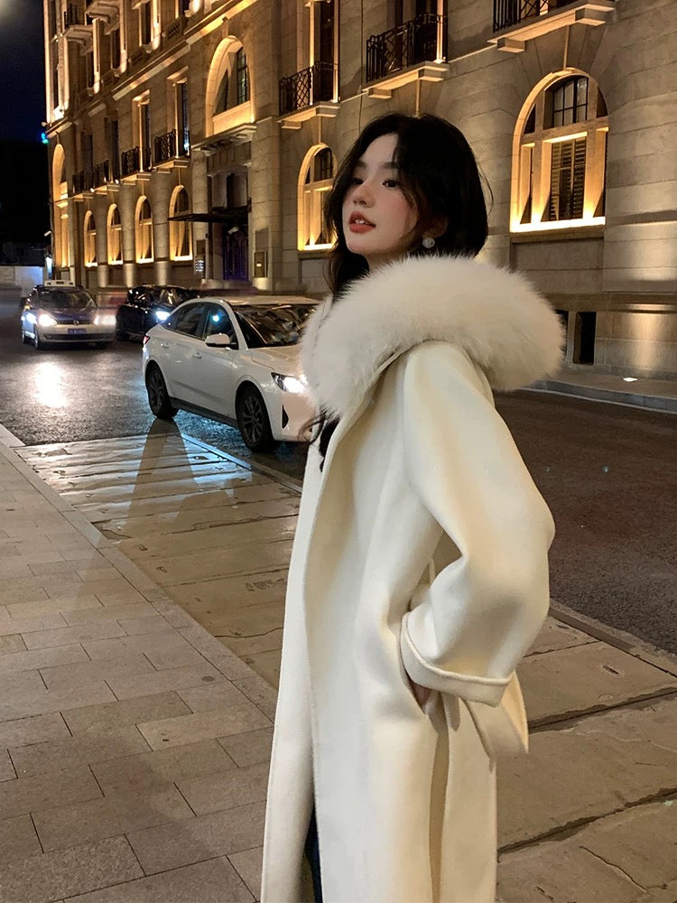 Kelly Designs 100% Wool Long Coat with Fox Fur Collar – Ivory (Instock)