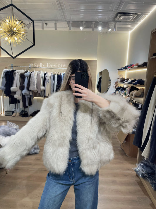 Kelly Designs Cream Grey Fox Fur Jacket (Preorder)