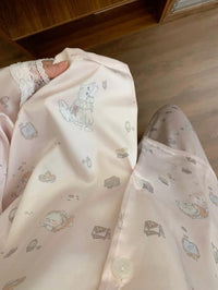 Kelly Designs Vintage Kitten Satin Pajama Set with Lace Trim & Scrunchie (Instock)