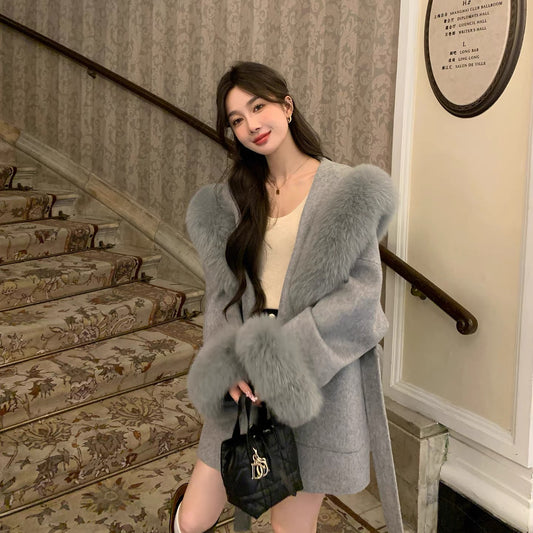 Kelly Designs Fox Fur Wool Grey Coat (Instock)