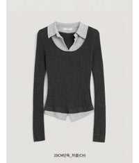 Korean Velvet Contrast Collar Layered Knit Grey Top (Instock)