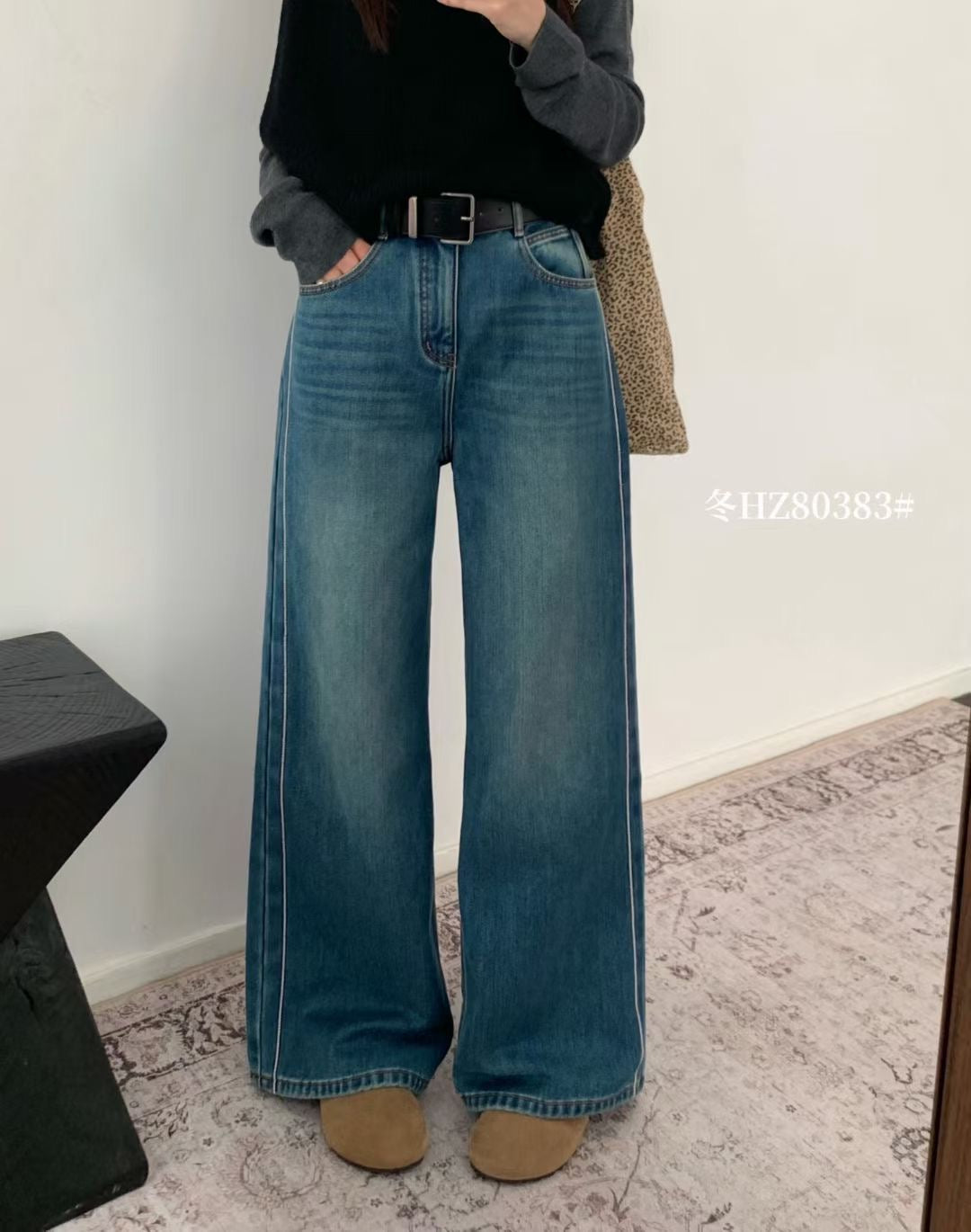 Kelly Designs Fleece-Lined Denim Navy Pants With Belt (Instock)