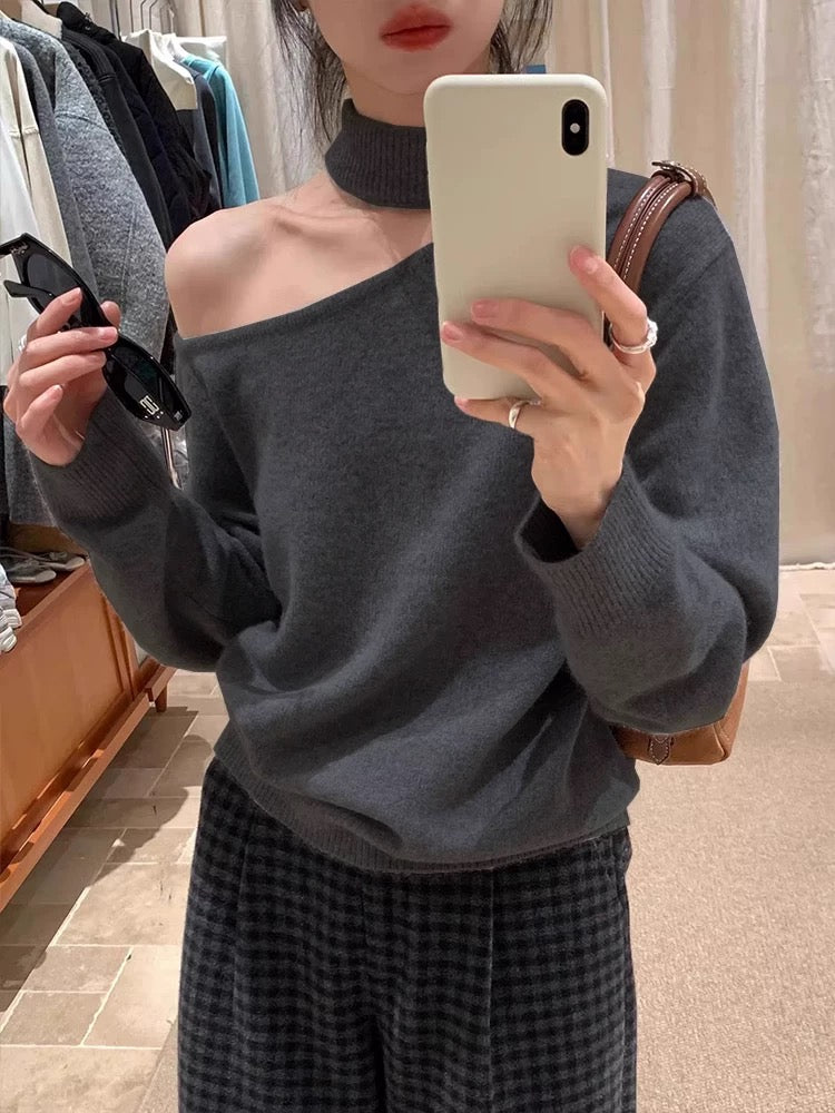 Kelly Designs Off-Shoulder Knit Grey Sweater with Detachable Choker – Polyester (Instock)