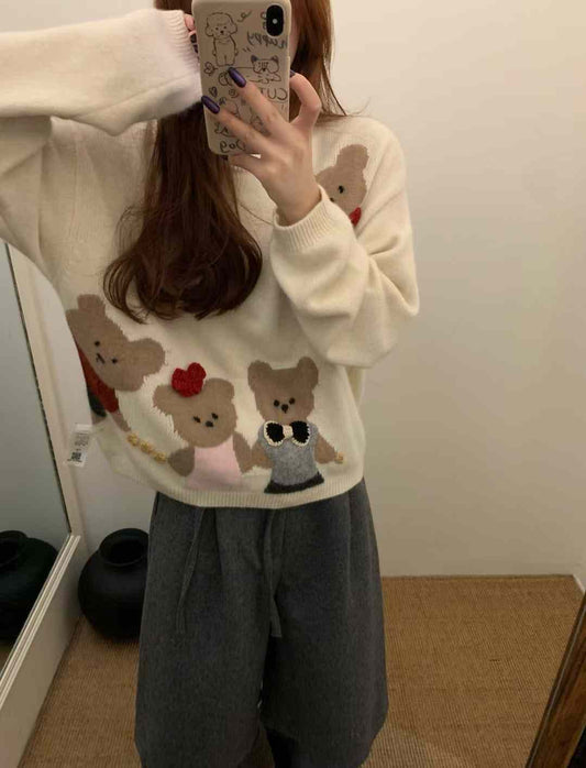 Kelly Designs Bears Wool Handmake Beige Sweatshirt (Instock)