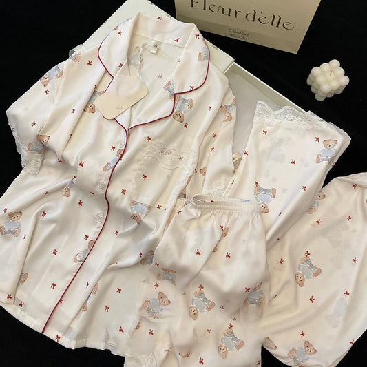 Kelly Designs Sweet Bear Print Ice Silk Pajamas – Short Sleeve & Long Pants Set (Instock)