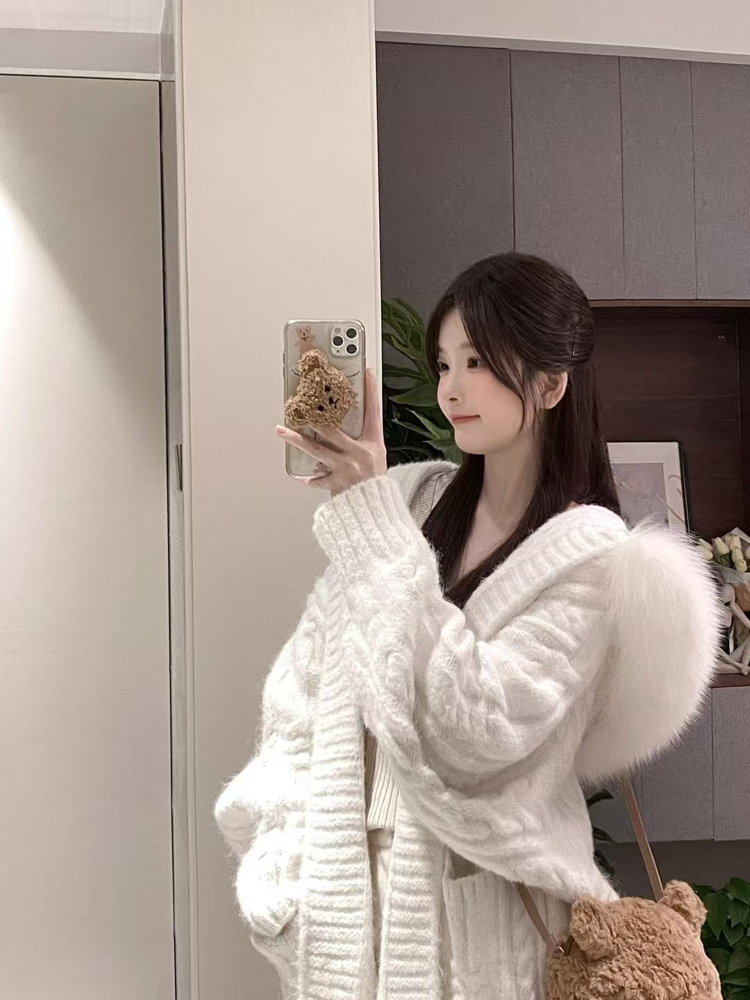 Kelly Designs Fox Fur White Mid Length Cardigan (Instock)