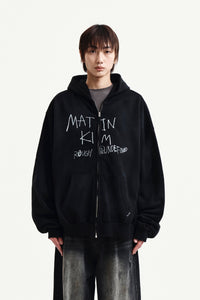 Matin Kim VINTAGE WASHED GRAFFITI HOODY ZIP UP IN BLACK (Instock)