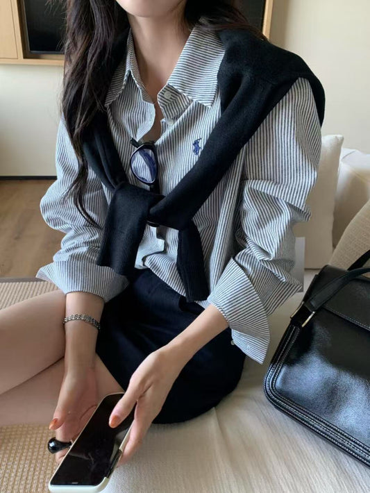 Kelly Designs Embroidery Stripe Blue Blouse (Instock)