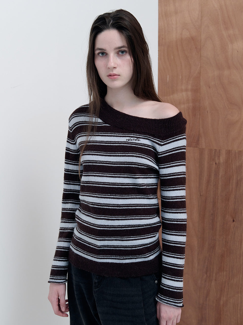 Korean Collection Rolaroal UNBALANCED OFF SHOULDER STRIPE KNIT BR+BL (Instock)