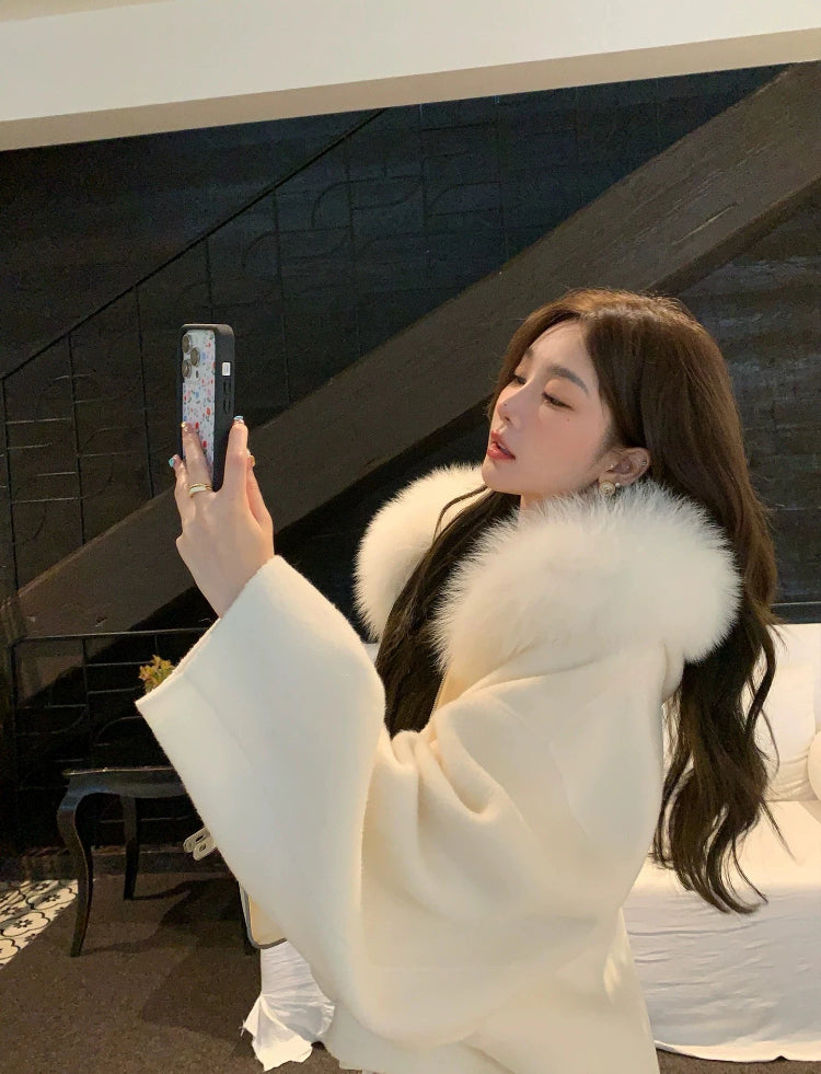 Kelly Designs Fox Fur Hoodie Zip Up White Wool Coat (Instock)