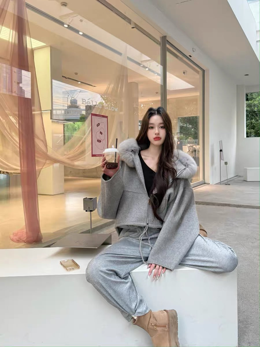 Kelly Designs Fox Fur Hoodie Zip Up Grey Wool Coat (1-2 weeks)