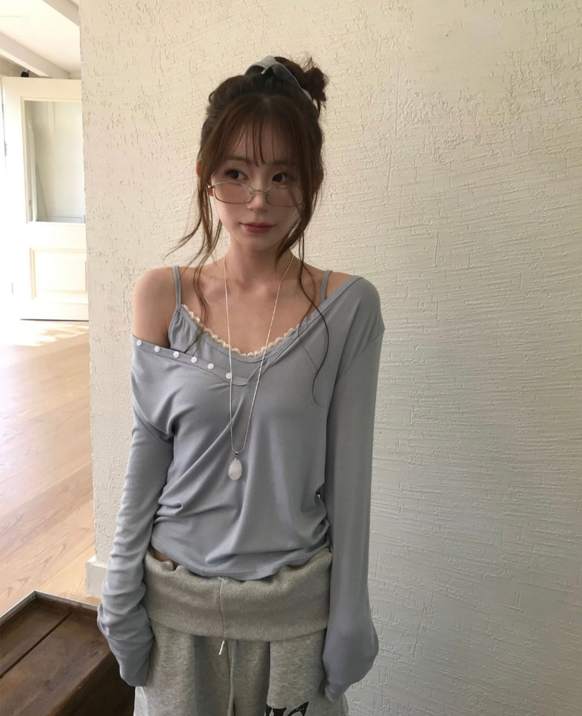 Korean Lace Cami & One Shoulder Button Top Set (Instock)
