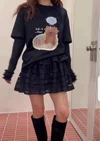 Korean APM Collection Bear Graphic Layered Lace Long Sleeve Tee (Instock)
