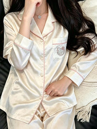 Kelly Designs Kitty Jacquard Satin Pajama Set with Pink Piping (Instock)