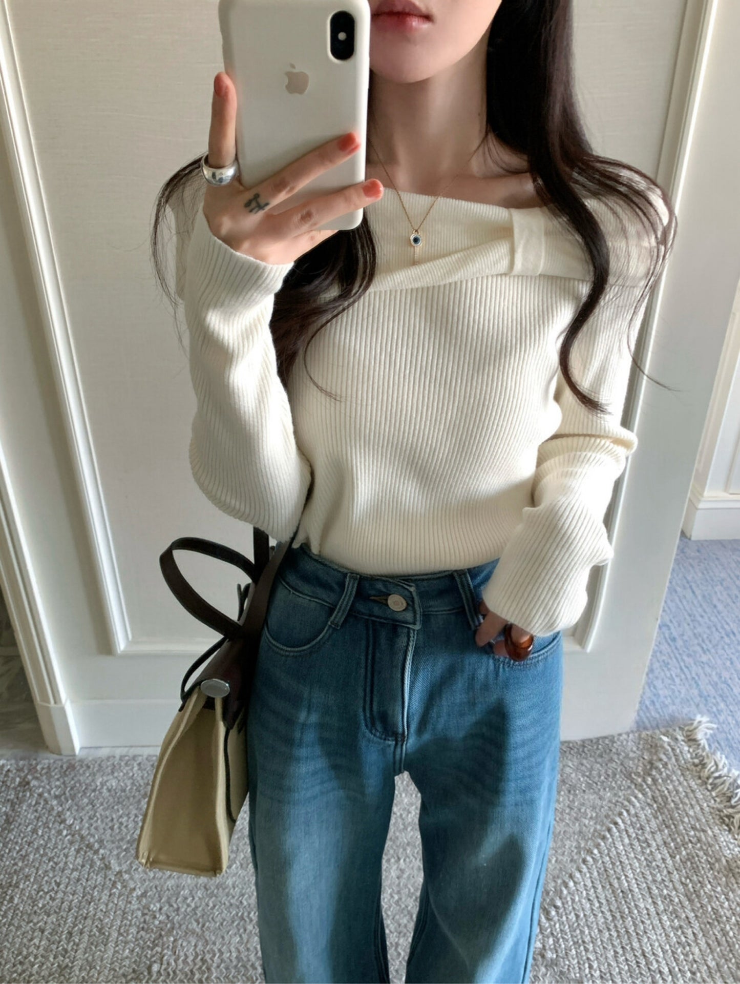 Kelly Designs French-Style Off-Shoulder Ribbed Knit Top – Soft & Fitted (Instock)