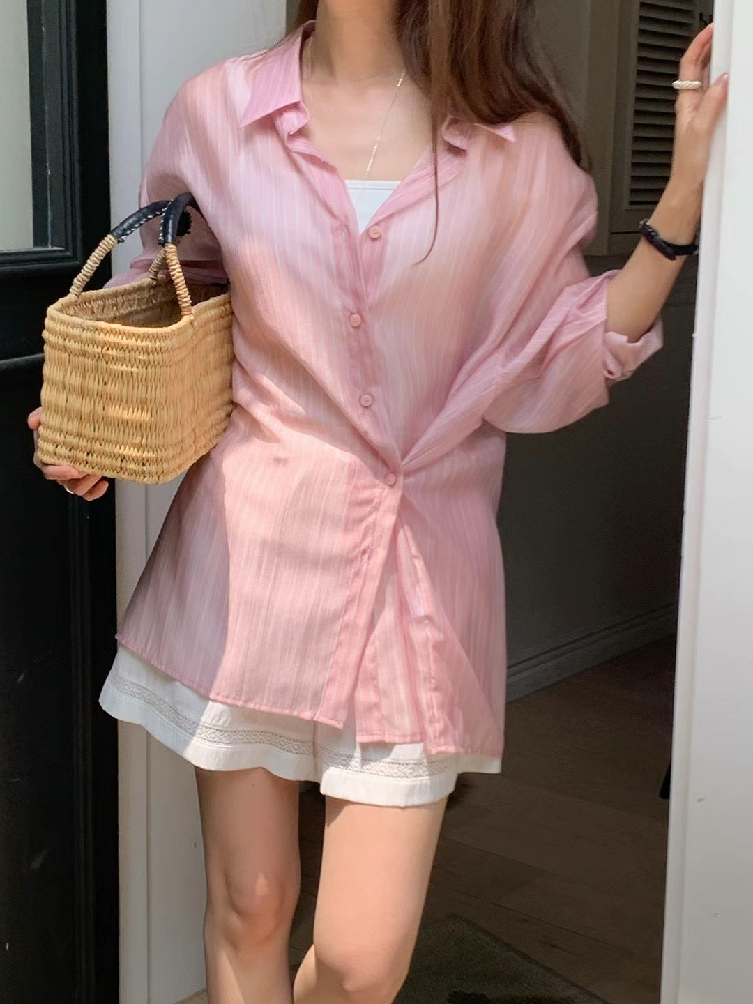 Korean APM Collection Stripe Pink Blouse & Shorts (Instock)