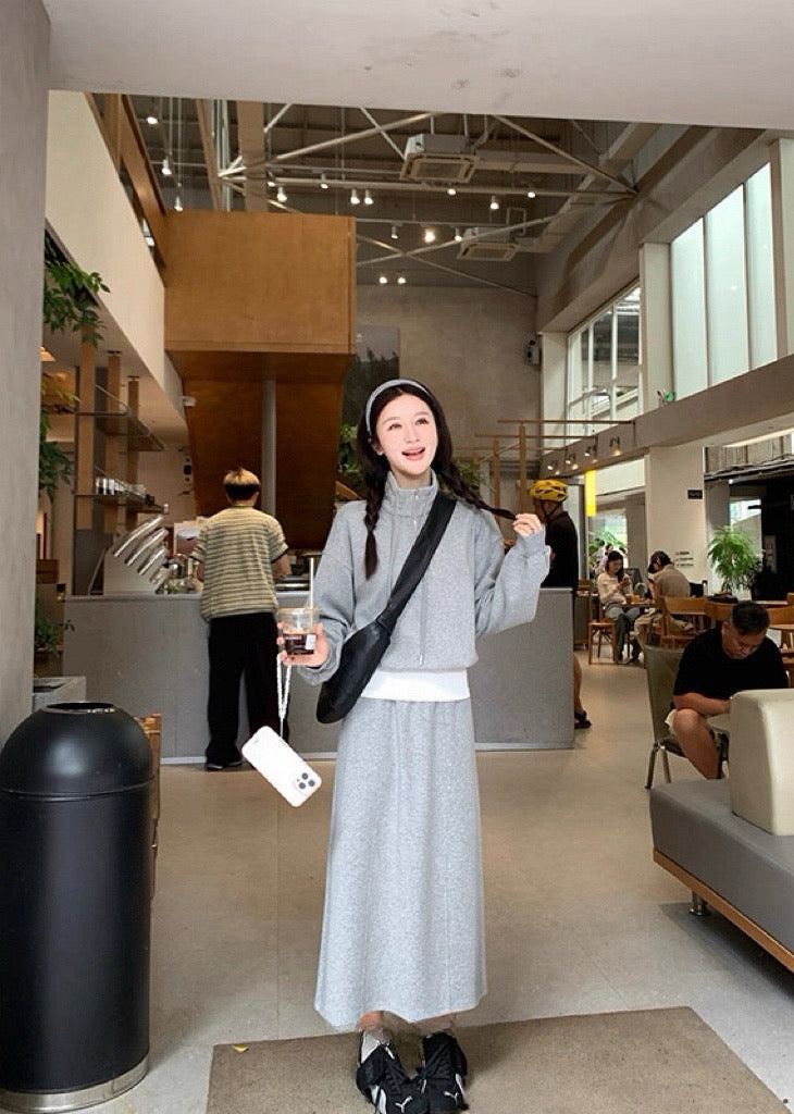 Kelly Designs Two-Piece Hoodie & Midi Skirt Set - Pink/Grey (Instock)