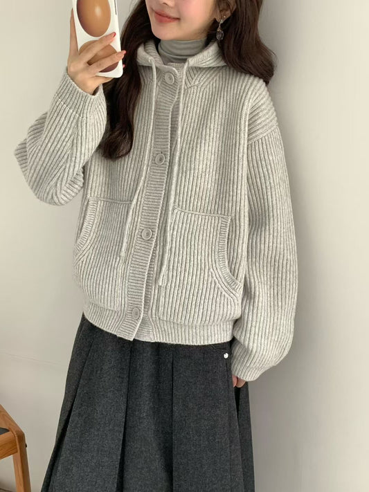 Korean APM Collection EGG Button Up Light Grey Hoodie Wool Cardigan (Instock)