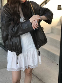 Korean Faux Leather Zip-Up Jacket – Brown (Instock)