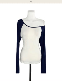 Korean Asymmetric Off-Shoulder Contrast Long Sleeve Top - 4 Colors (Instock)
