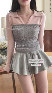 Korean Pink & Grey Layered Bustier Collar Knit Top