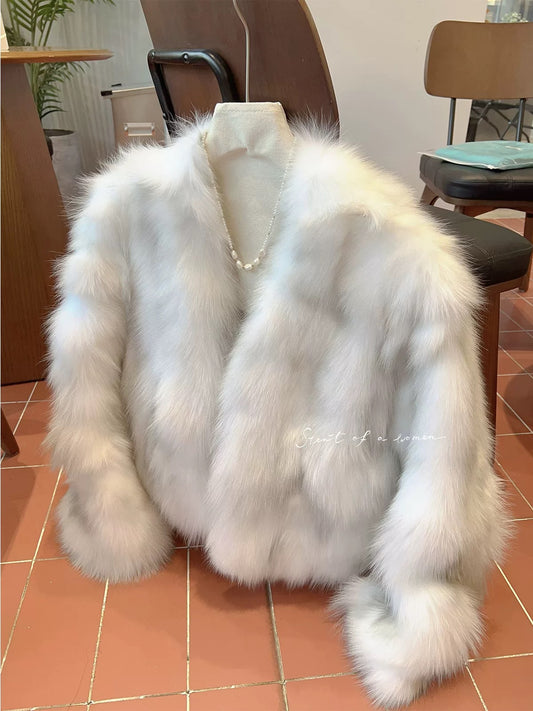 Kelly Designs White Grey Fox Fur V Neck Jacket (Instock)