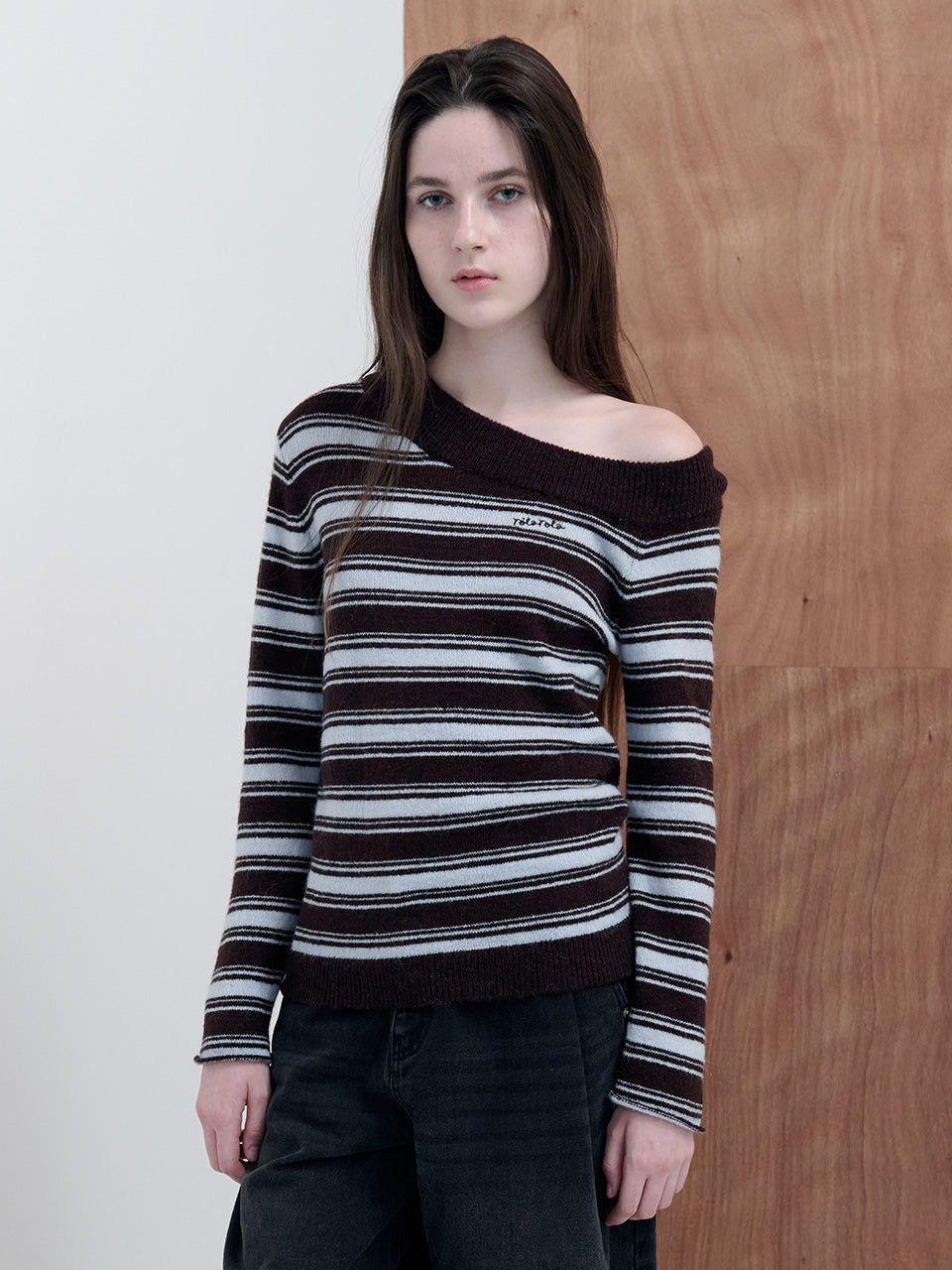 Korean Collection Rolaroal UNBALANCED OFF SHOULDER STRIPE KNIT BR+BL (Instock)