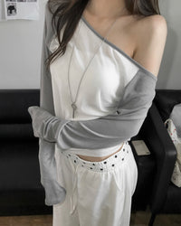 Korean Asymmetric Off-Shoulder Contrast Long Sleeve Top - 4 Colors (Instock)