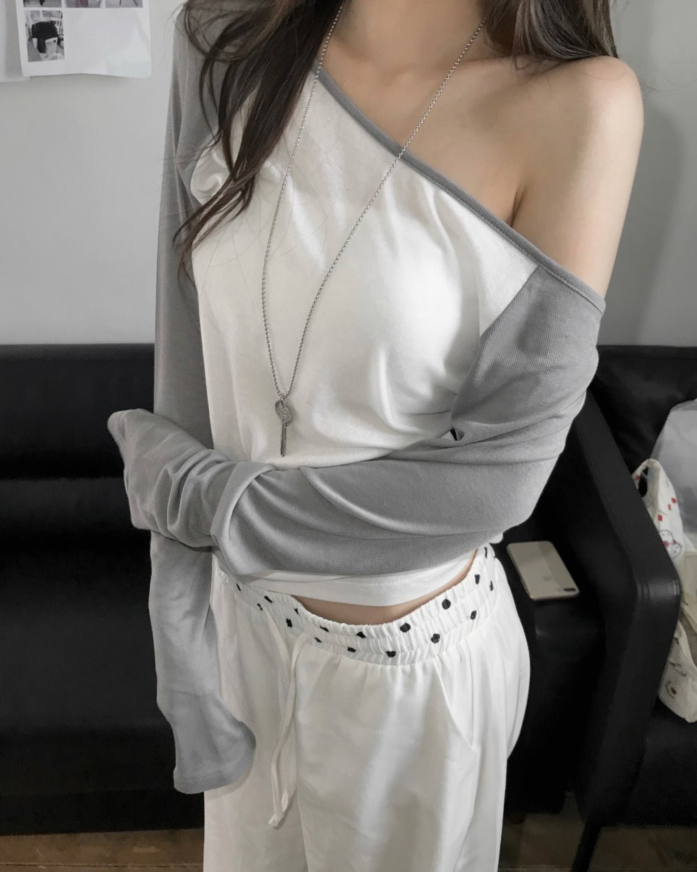Korean Asymmetric Off-Shoulder Contrast Long Sleeve Top - 4 Colors (Instock)
