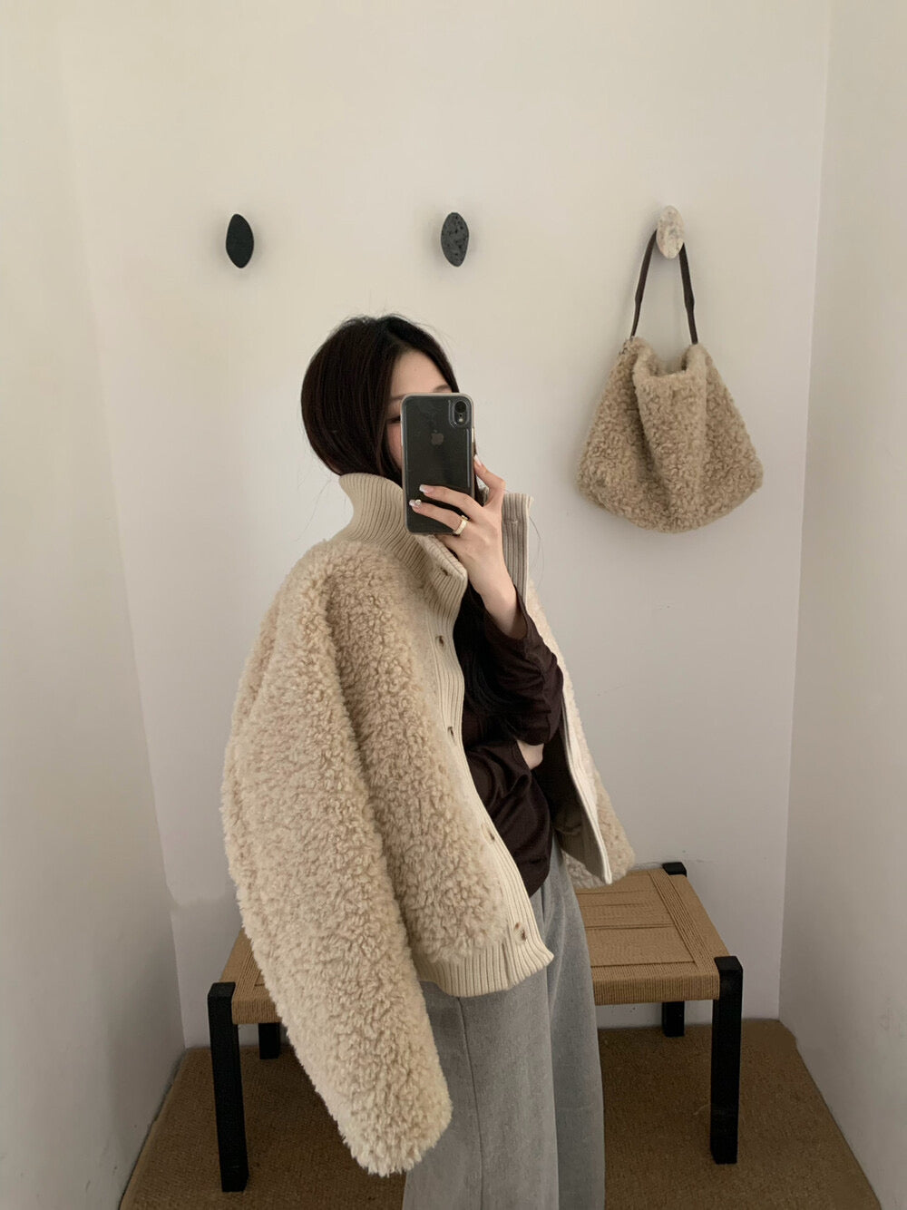 Kelly Designs Soft Teddy Knit-Trim Jacket – Cozy Stand Collar Short Coat (Instock)