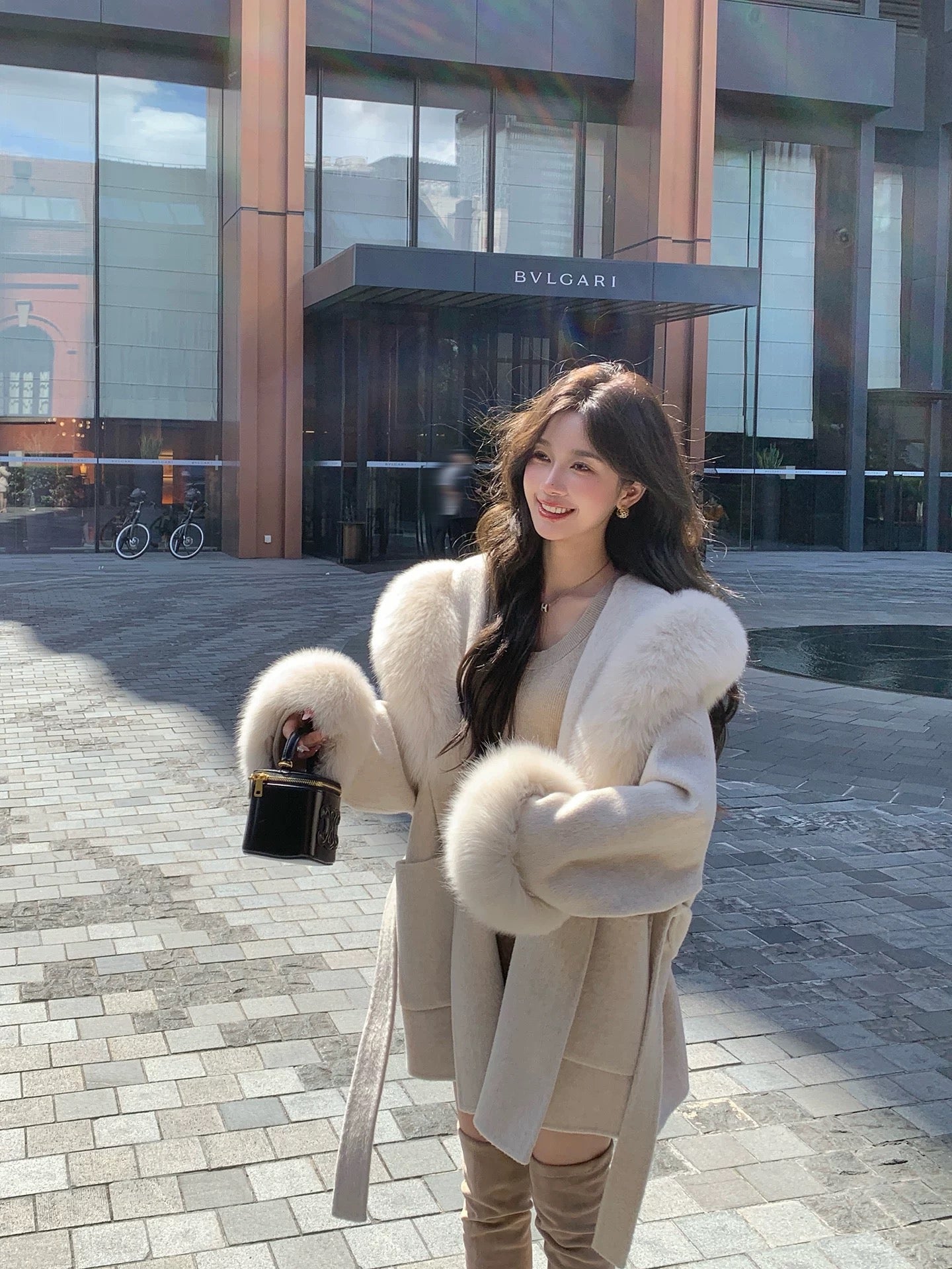 Kelly Designs Fox Fur Wool Oatmeal Coat (Instock)