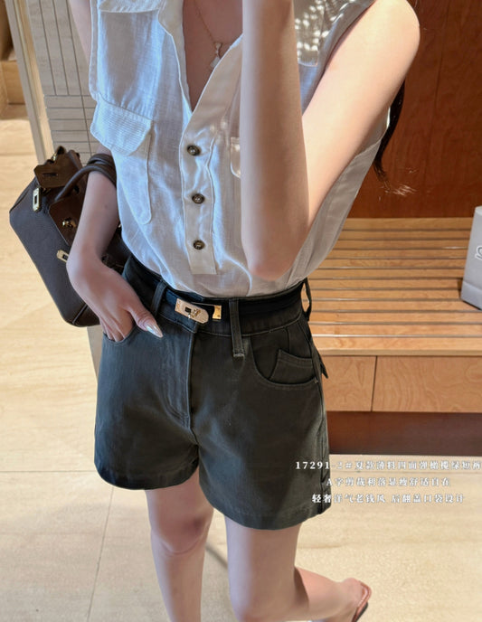 Kelly Designs Soft Denim Shorts With Belt -Charcoal Green (Instock)