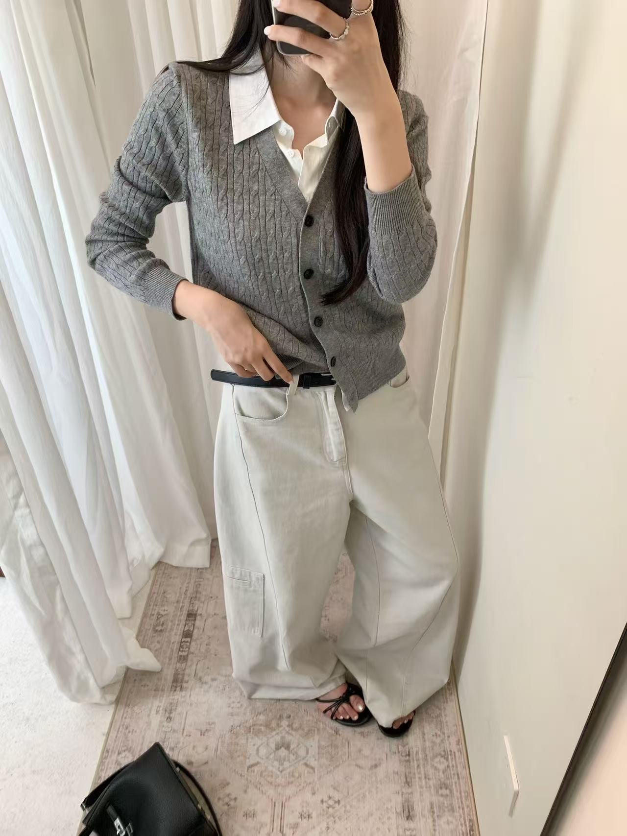 Kelly Designs Linen & Wool-Blend Contrast-Collar Cable-Knit Cardigan (Instock)
