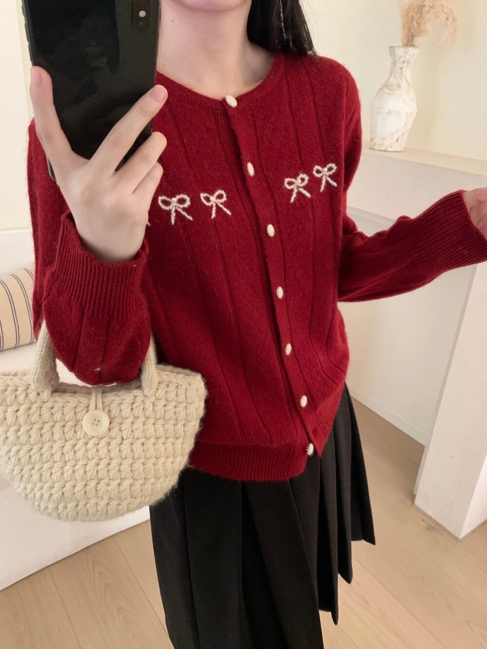 Kelly Designs Wool Bow Embroidery Knit Red Cardigan (Instock)