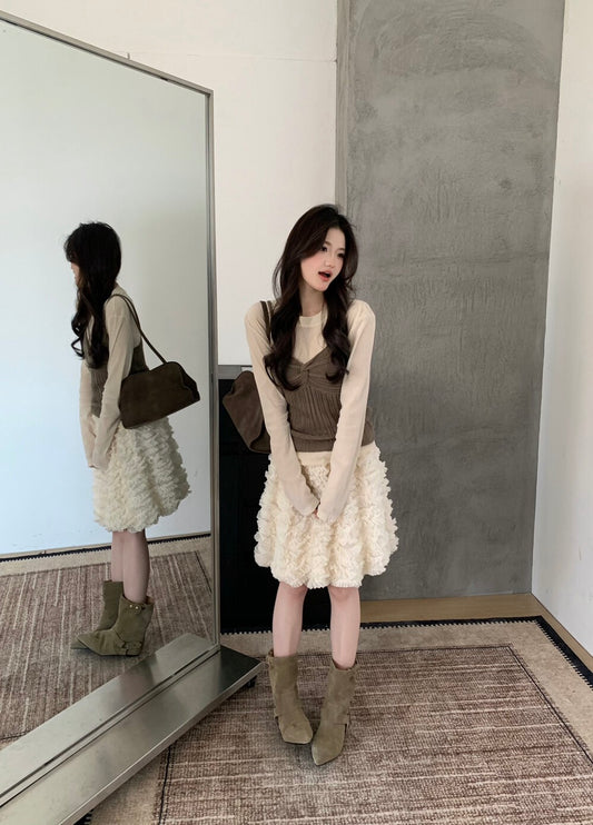 Kelly Designs Sweet Ruffle Mini Skirt-Beige/Top Set (Instock)