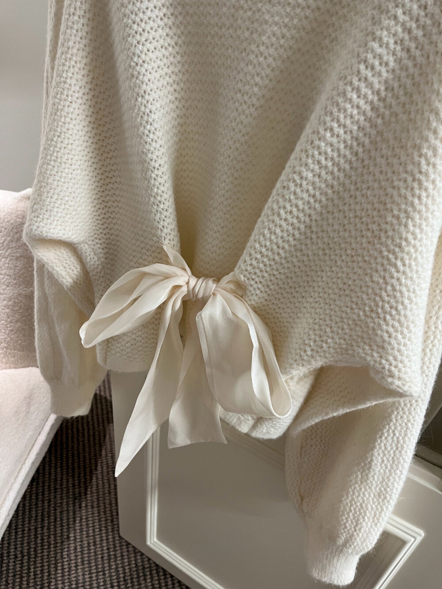 Kelly Designs Off-Shoulder Knit Sweater with Back Ribbon Tie & Khaki Skirt (Instock)