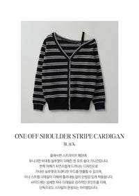 Korean Collection Rolarola ONE OFF SHOULDER STRIPE WOOL BLENDED Cardigan Black (Instock)