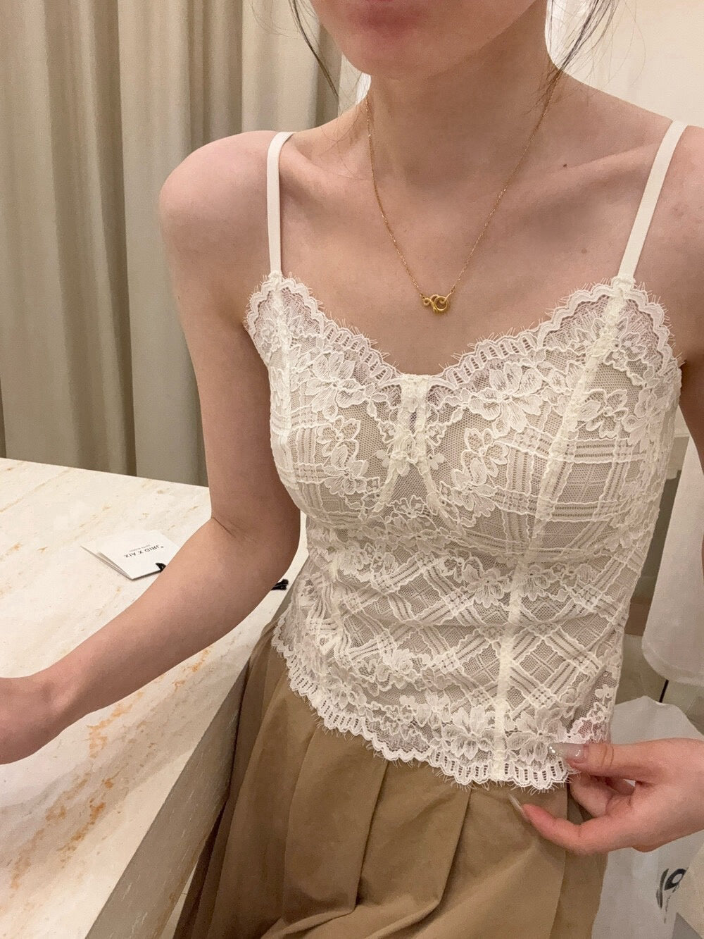 Kelly Designs Soft Ribbed Lace Tank with Built-In White Bra Top (Instock)