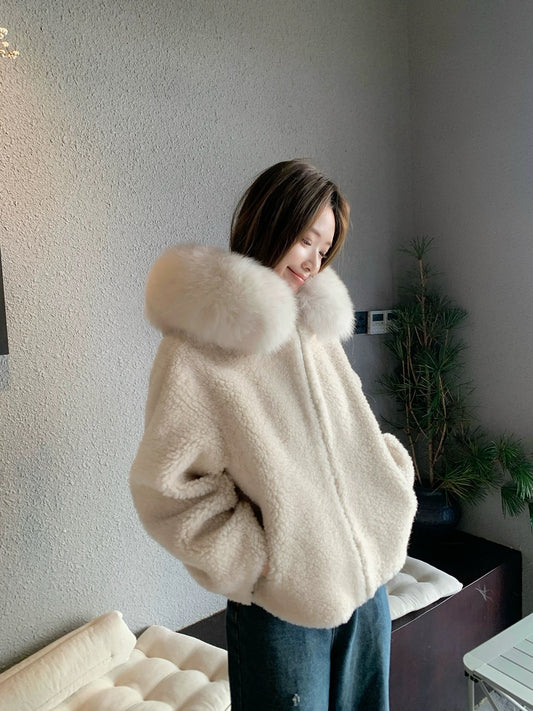 Kelly Designs Oversized Fox Fur Hooded Shearling Wool Jacket with Drawstring Hem (Instock)