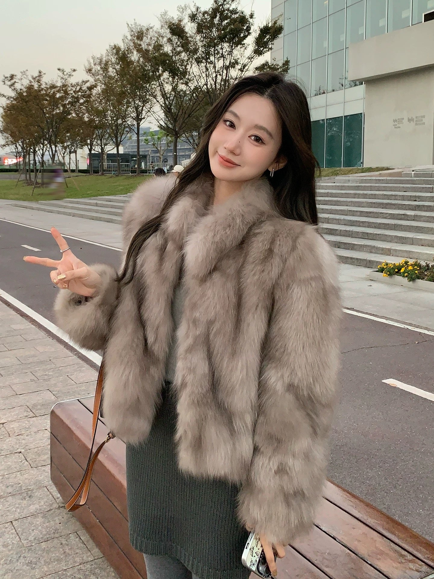 Kelly Designs Brown Grey Fox Fur High Neck Jacket (Instock)