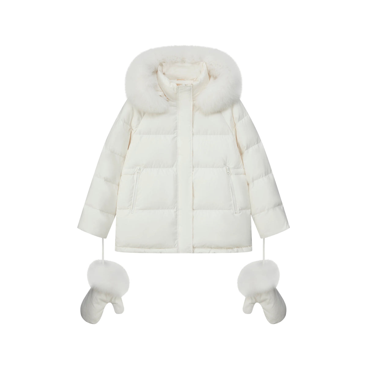 Kelly Designs Fox Fur Trim 90% White Goose Down Jacket with Mittens (Instock)