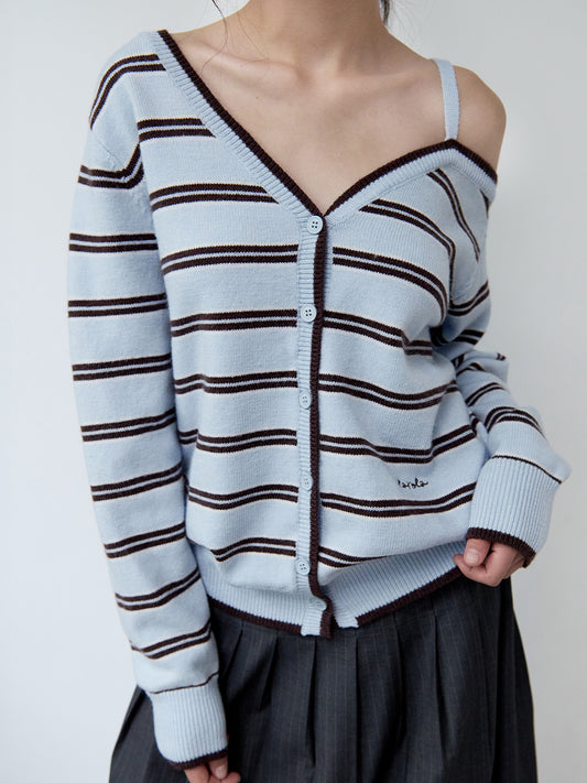 Korean Collection Rolarola ONE OFF SHOULDER STRIPE WOOL BLENDED Cardigan Gray (Instock)