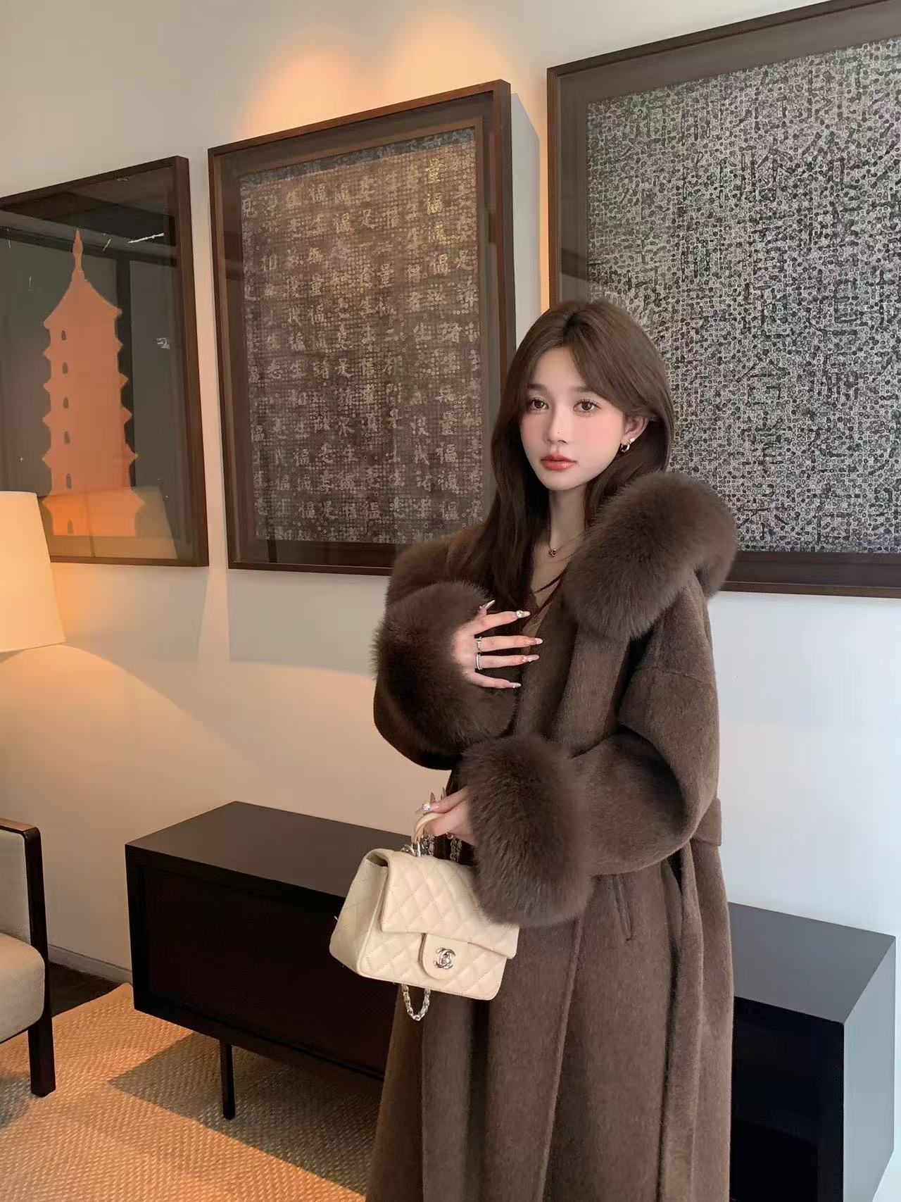 Kelly Designs Fox Fur Wool Brown Long Coat (Instock)