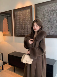 Kelly Designs Fox Fur Wool Brown Long Coat (Instock)