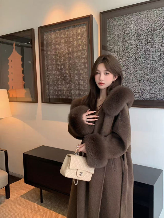 Kelly Designs Fox Fur Wool Brown Long Coat (Instock)