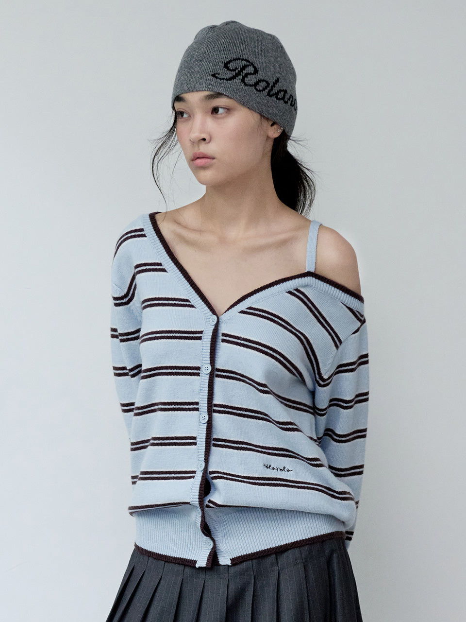 Korean Collection Rolarola ONE OFF SHOULDER STRIPE WOOL BLENDED Cardigan Gray (Instock)
