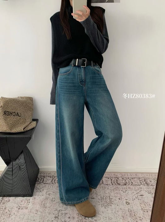 Kelly Designs Fleece-Lined Denim Navy Pants With Belt (Instock)