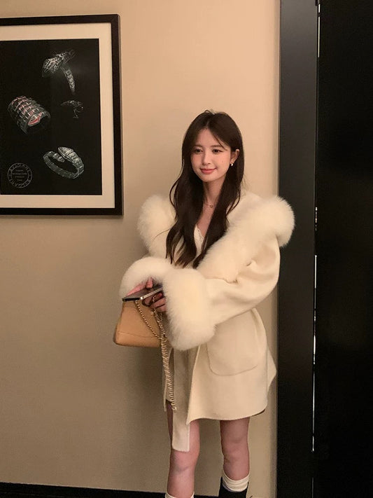 Kelly Designs Fox Fur Wool Coat - White/Black (Instock)