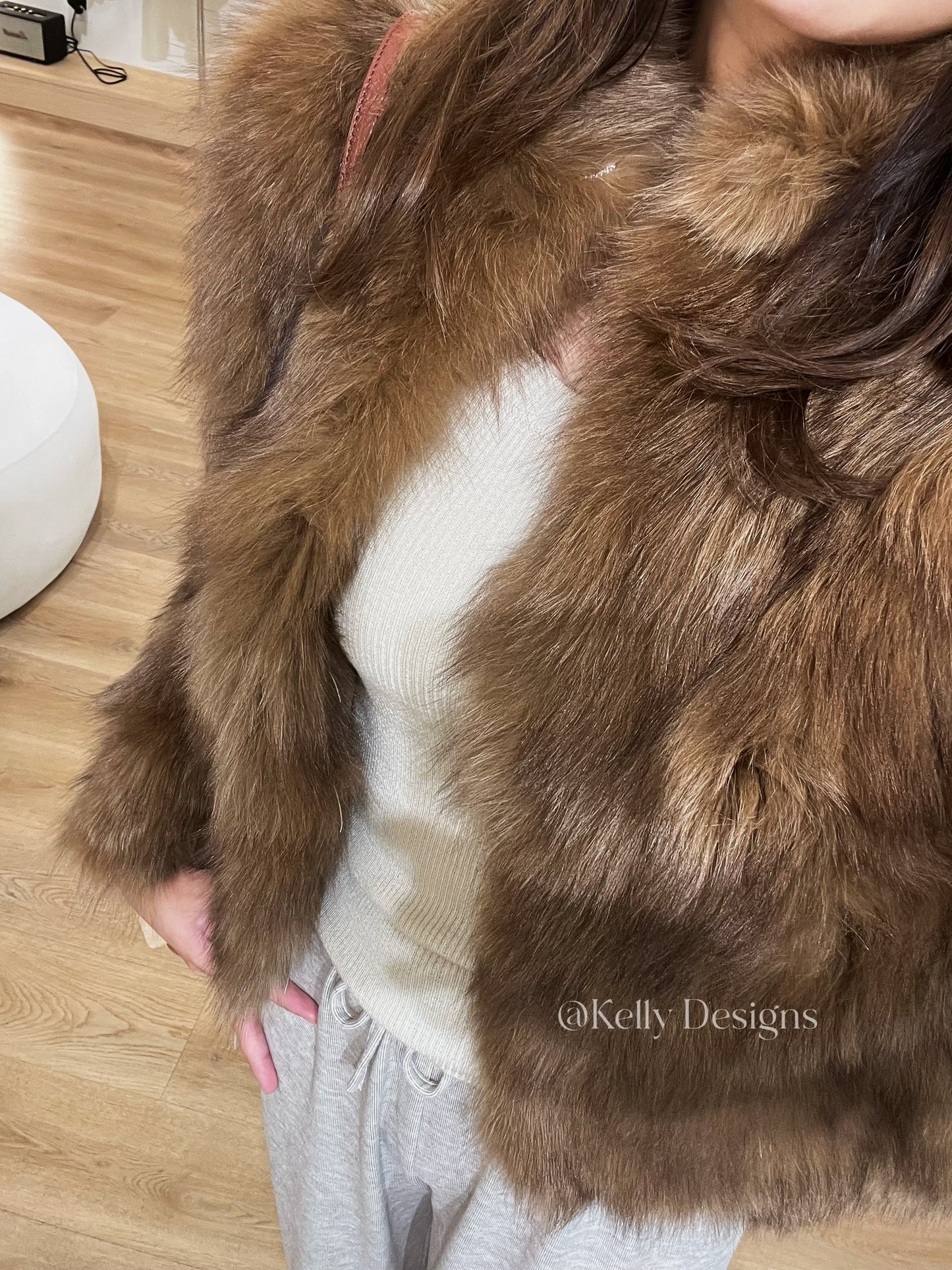 Kelly Designs Brown Fox Fur Jacket with High Neck (Instock)