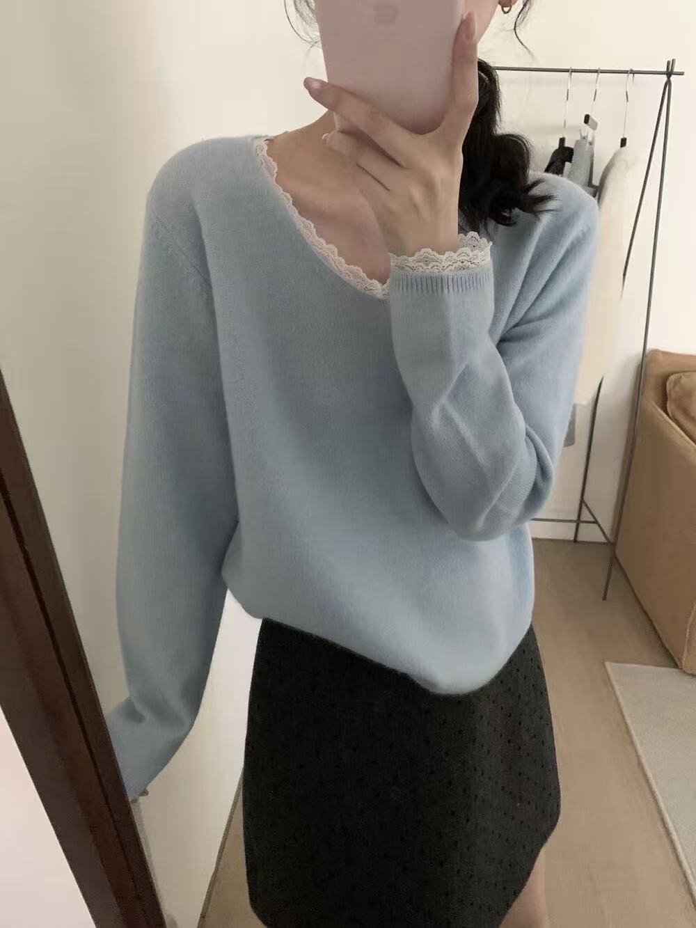 Kelly Designs 100% Wool Lace-Trim V-Neck Knit Sweater (3 Colors)- (Instock)